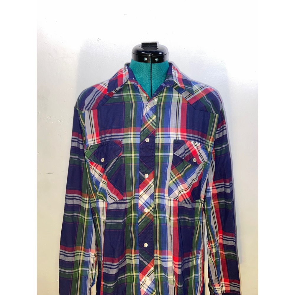 Vintage Wrangler Western Shirts Mens Pearl Snap Plaid Navy Red Green Preppy  M